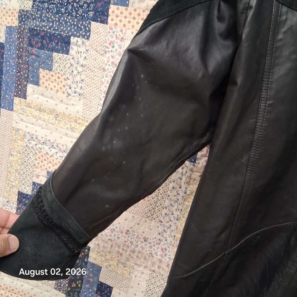 Vintage 90s Winlit Womens Leather Coat Size Medium Black Trench Duster Paisley